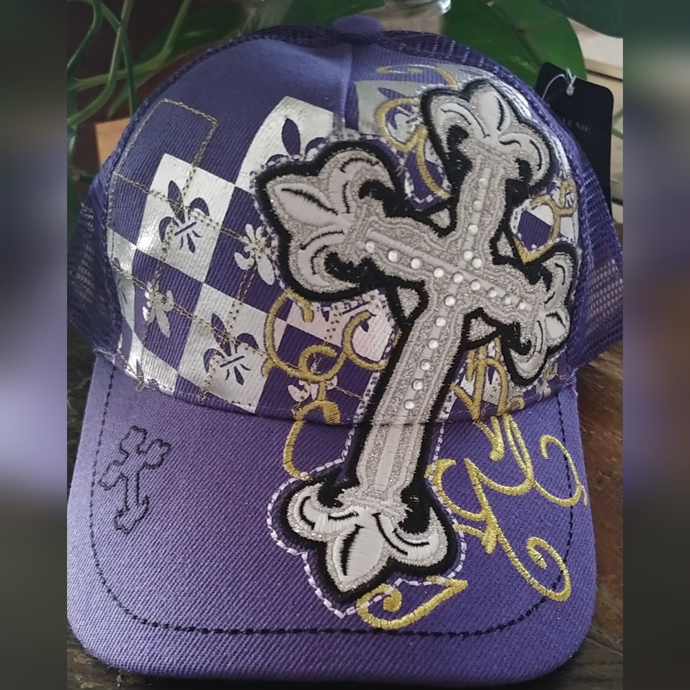Purple and Gold Hat with Cross Design